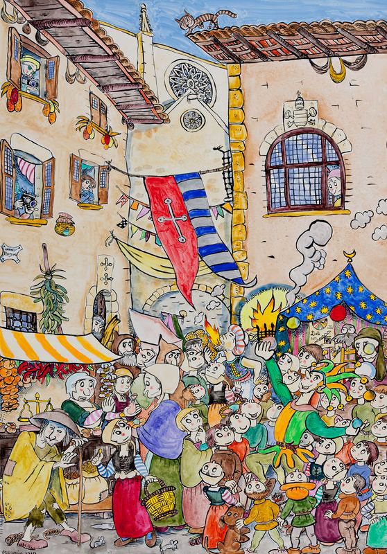 Ilustración de Pilarín sobre el tradicional Mercado Medieval de Vic.