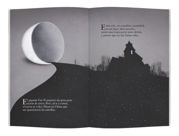 Interior del libro a doble página: dos cuentos mínimos y una ilustración.
